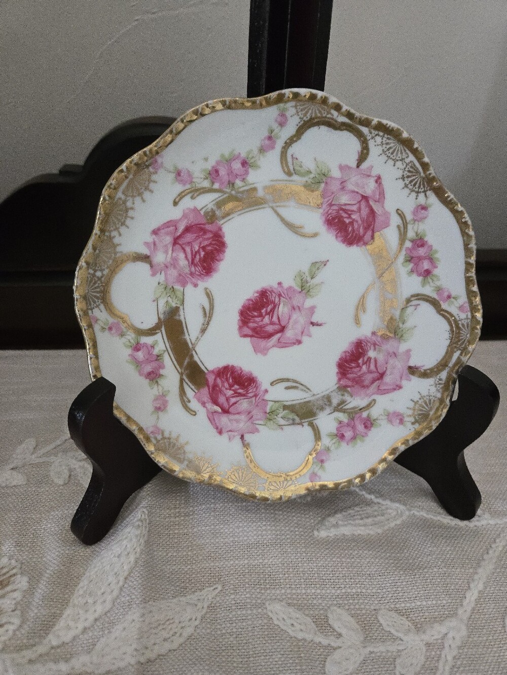 Antique Carlsbad Austria Porcelin Plate Roses Gold Trim 6"